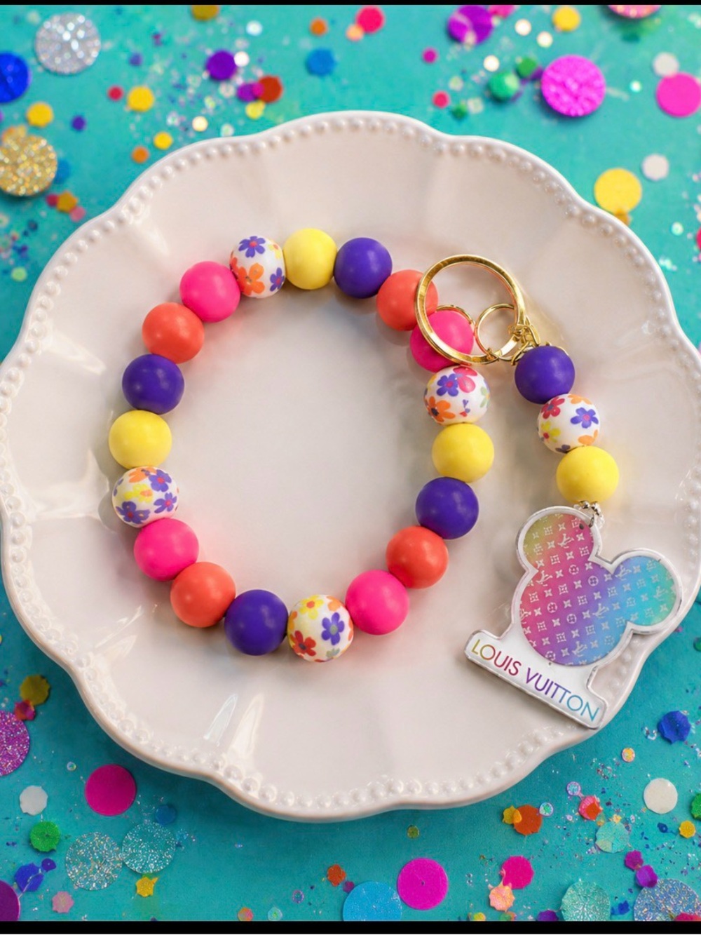 Colorful Beaded Wristlet Keychain with colorful charm